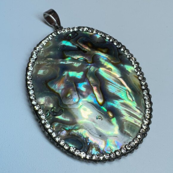 Silver Tone Large Oval Pendant Medallion Mother of Pearl Abalone Glass Stones - Picture 1 of 4